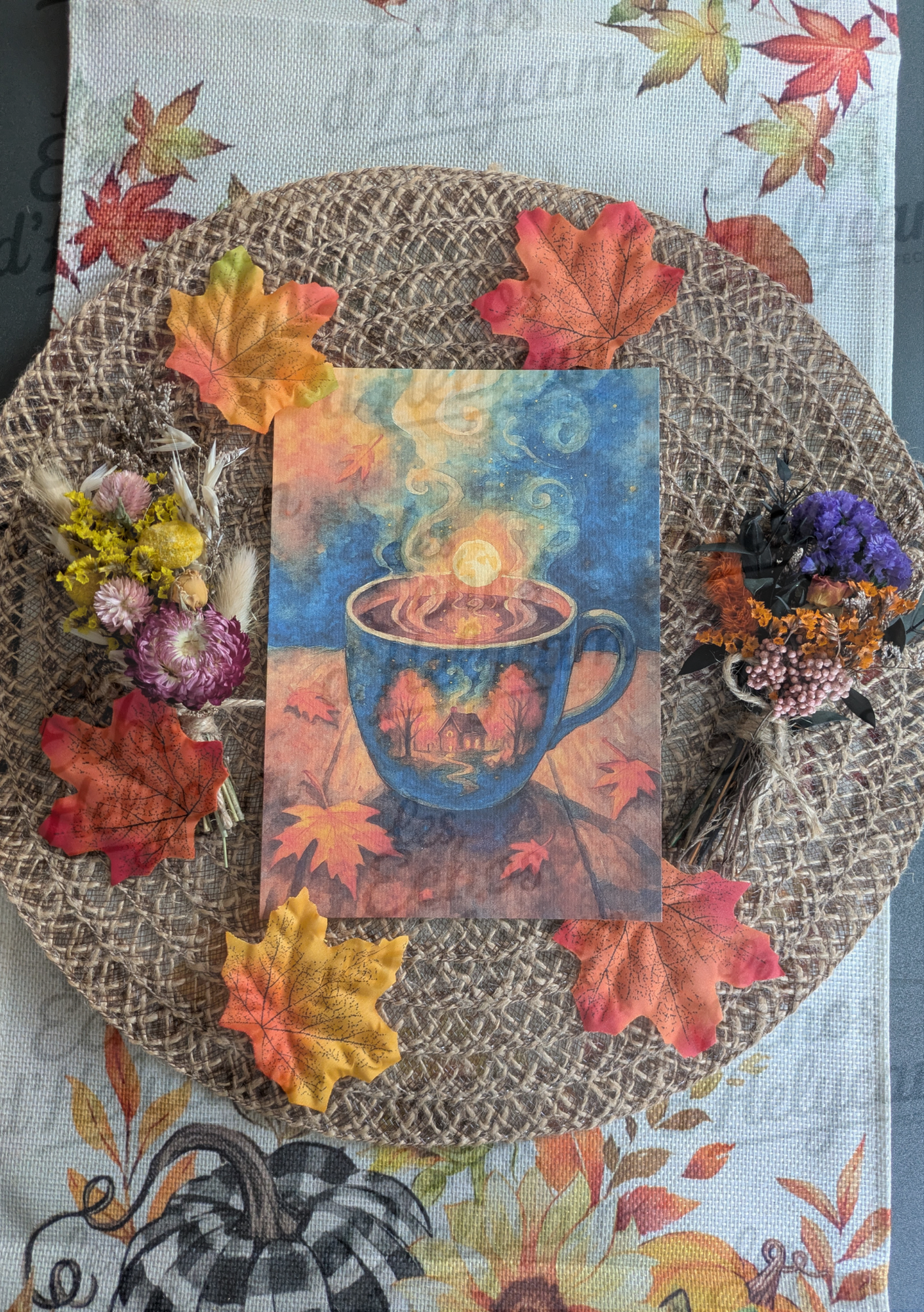 đ Affiche Automne Magique â Tasses & Paysages au Clair de Lune đ (livraison incluse)