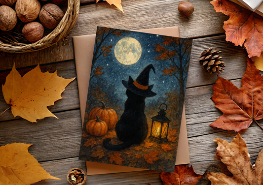 Lot de 5 illustrations automnales – Chat noir au chapeau de sorcière