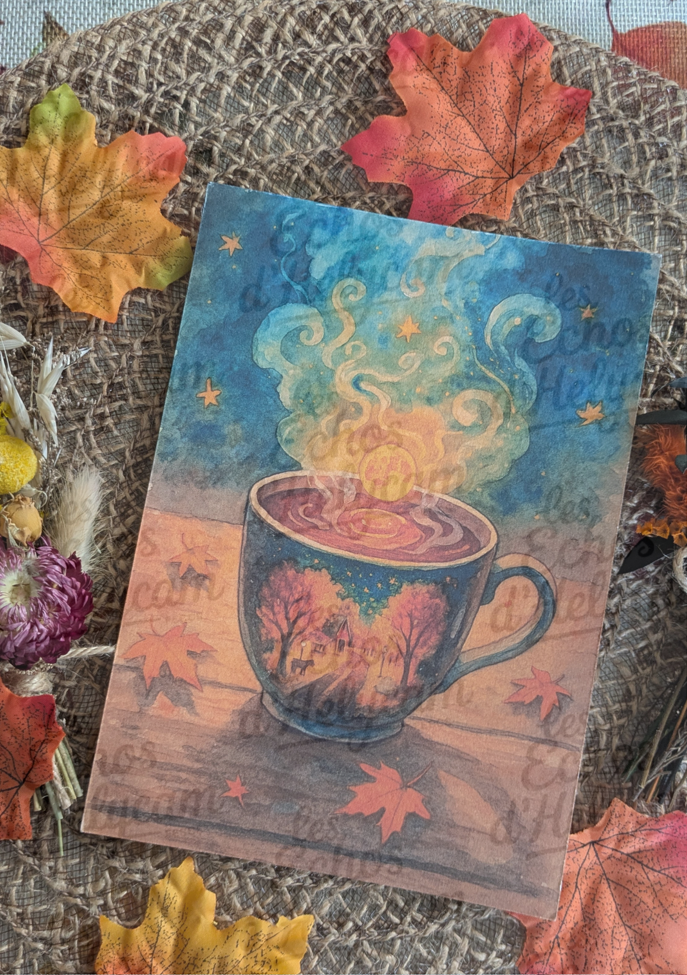 🍂 Affiche Automne Magique – Tasses & Paysages au Clair de Lune 🍂 (livraison incluse)