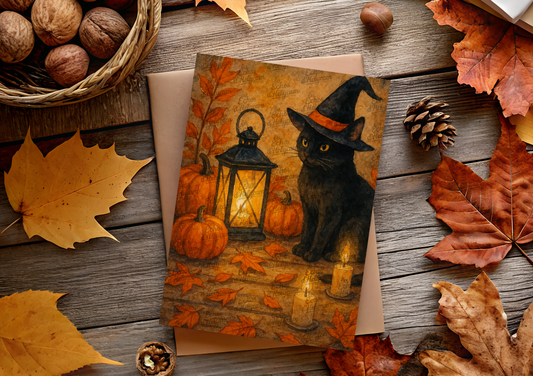 Lot de 5 illustrations automnales – Chat noir au chapeau de sorcière