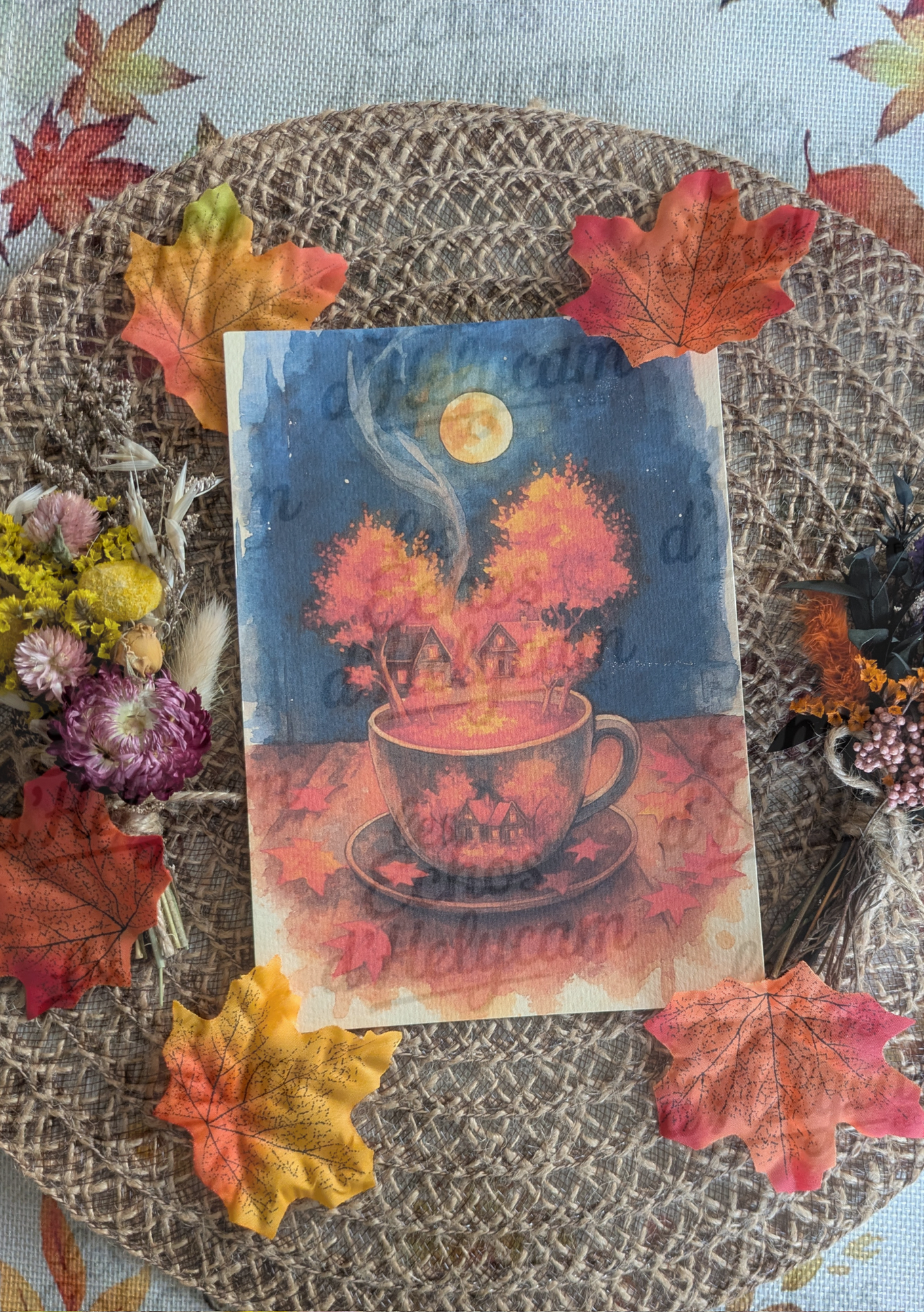 🍂 Affiche Automne Magique – Tasses & Paysages au Clair de Lune 🍂 (livraison incluse)