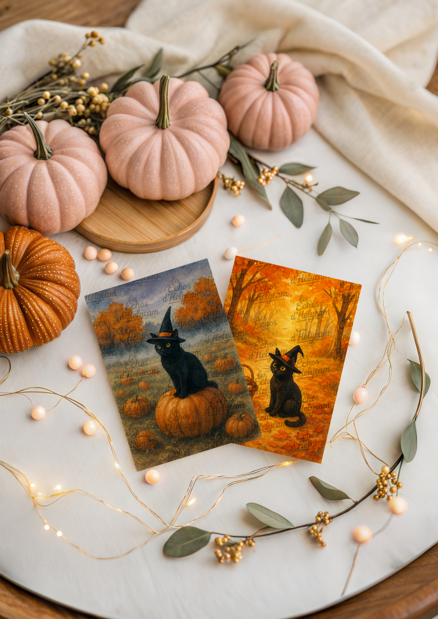 Lot de 5 illustrations automnales – Chat noir au chapeau de sorcière