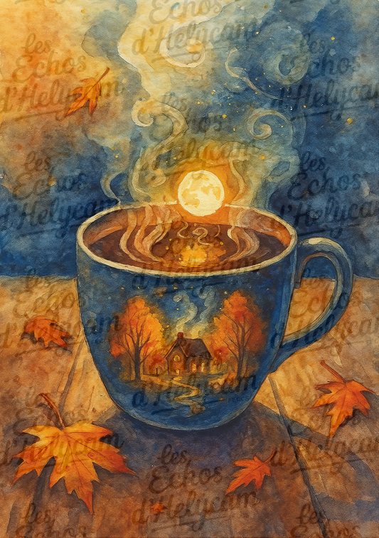🍂 Affiche Automne Magique – Tasses & Paysages au Clair de Lune 🍂 (livraison incluse)