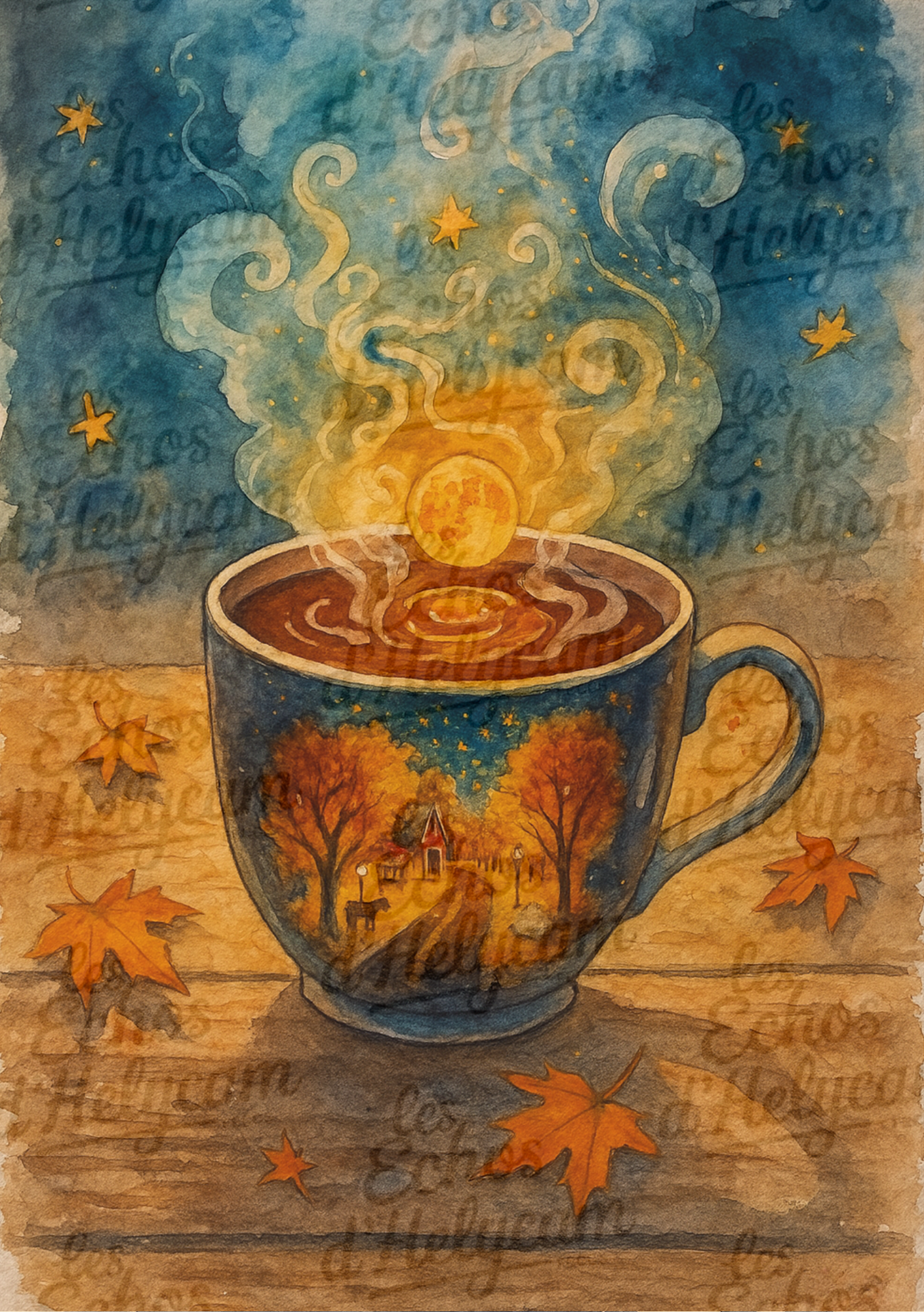 🍂 Affiche Automne Magique – Tasses & Paysages au Clair de Lune 🍂 (livraison incluse)