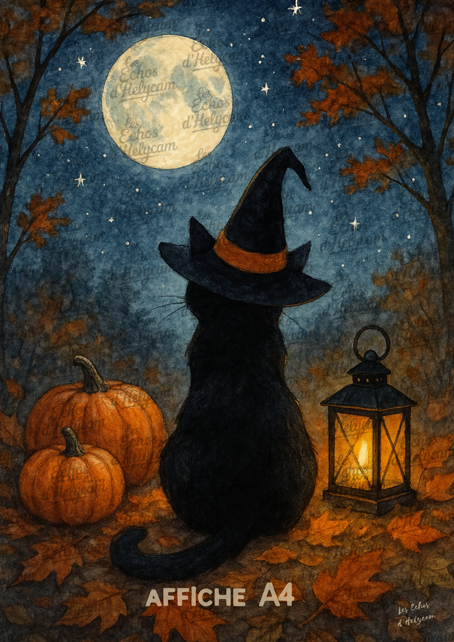 Lot de 5 illustrations automnales – Chat noir au chapeau de sorcière