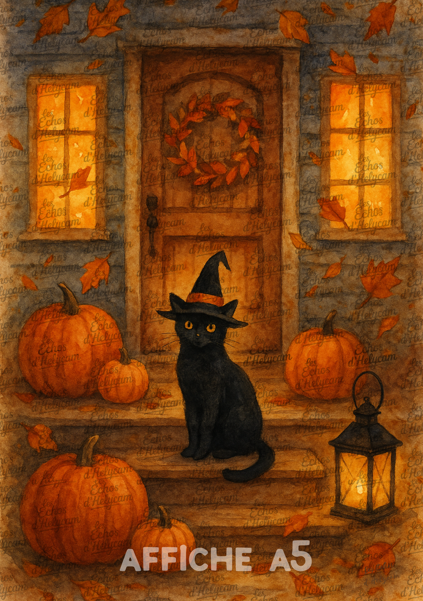 Lot de 5 illustrations automnales – Chat noir au chapeau de sorcière