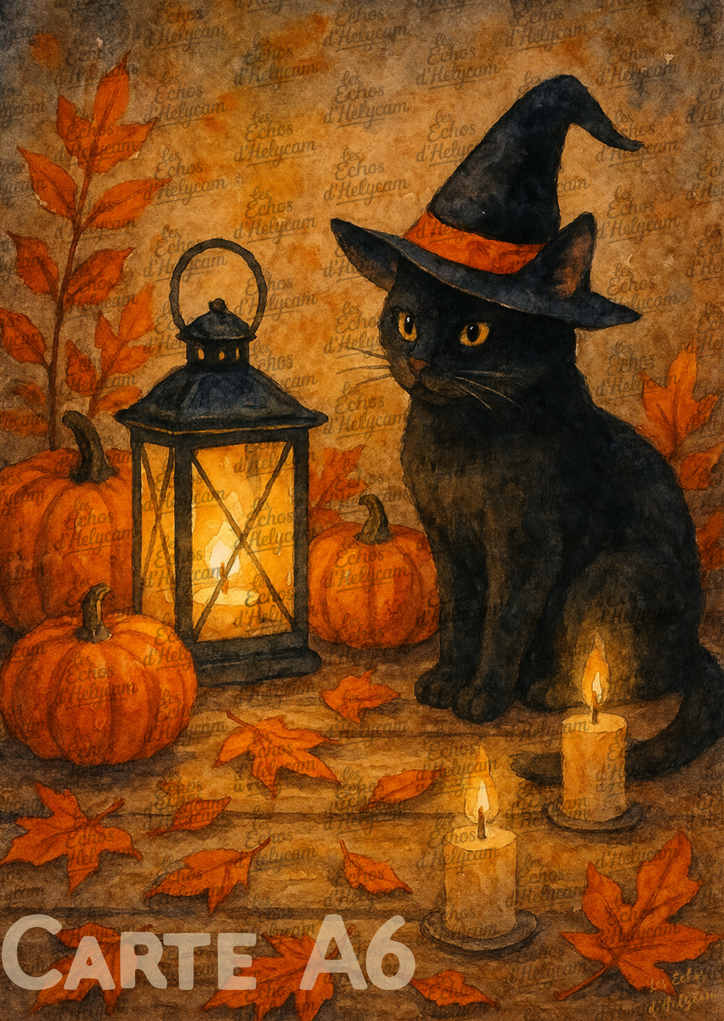 Lot de 5 illustrations automnales – Chat noir au chapeau de sorcière