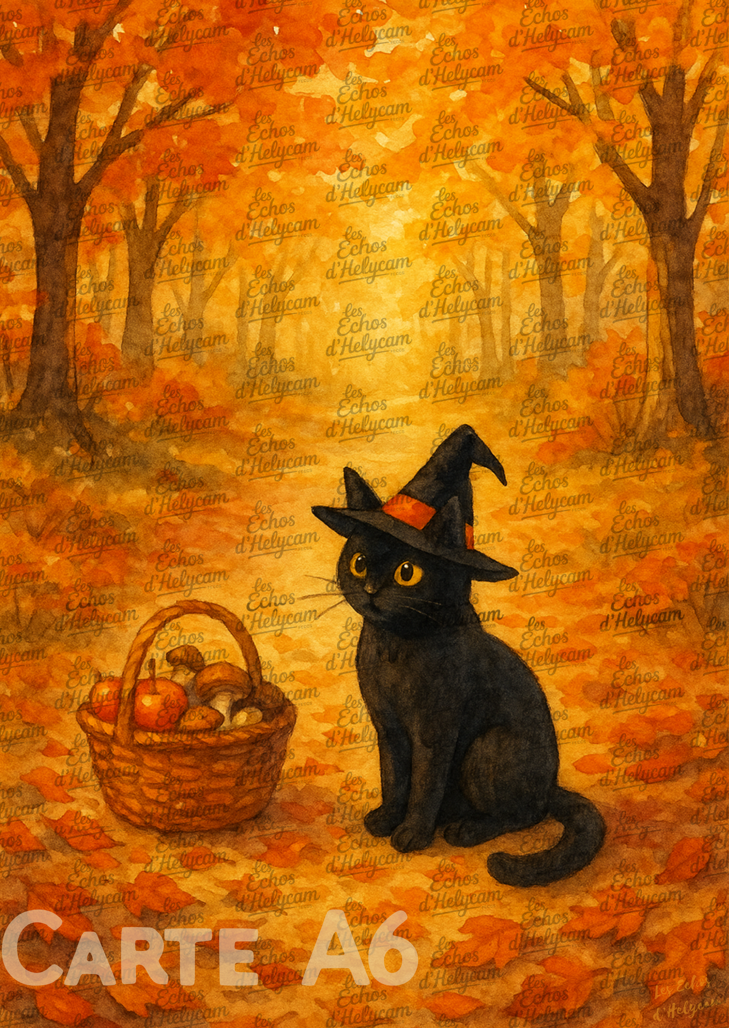 Lot de 5 illustrations automnales – Chat noir au chapeau de sorcière