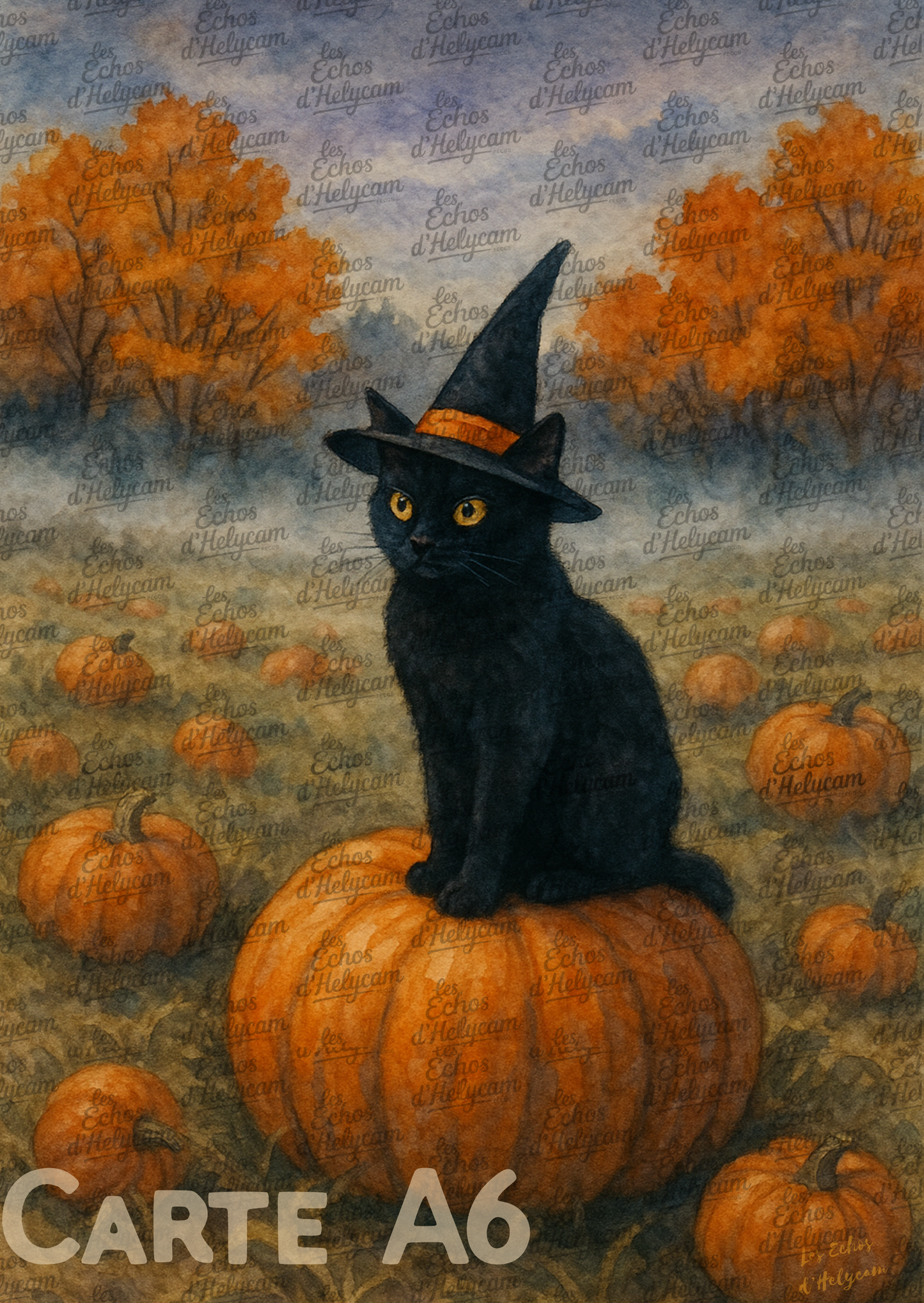 Lot de 5 illustrations automnales – Chat noir au chapeau de sorcière